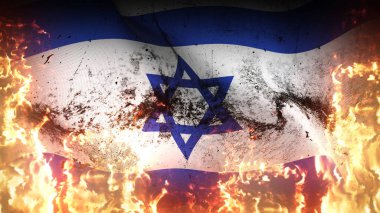 İsrail savaş bayrağı alevler içinde sallanıyor. İsrail 'in cehennem ateşinde rüzgarda dalgalanan kirli çatışma bayrağı.