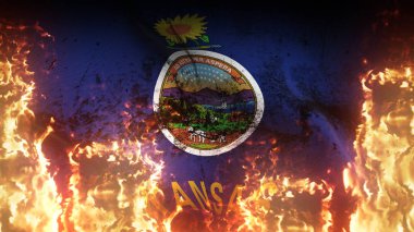 Kansas State grunge savaş bayrağı alevler içinde. Amerika Birleşik Devletleri Kansas 'ın kirli savaş bayrağı rüzgarda dalgalanan cehennem alevleri üzerinde.