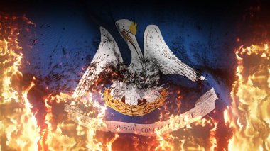 Louisiana US State grunge savaş bayrağı alevler içinde. Amerika Birleşik Devletleri Louisiana kirli savaş bayrağı rüzgarda dalgalanan cehennem alevleri.