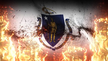 Massachusetts Eyaleti grunge savaş bayrağı alevler içinde. Amerika Birleşik Devletleri Massachusetts 'in kirli savaş bayrağı rüzgarda savruluyor..