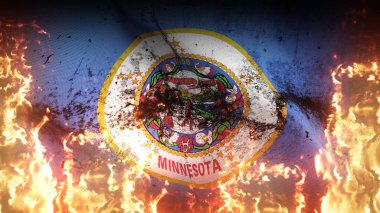 Minnesota Eyaleti 'nin Grunge savaş bayrağı alevler içinde. Amerika Birleşik Devletleri Minnesota 'nın kirli savaş bayrağı rüzgarda dalgalanan cehennem ateşinde.