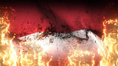 Monaco grunge savaş bayrağı alevler içinde. Manastır kirli çatışma bayrağı rüzgarda dalgalanan cehennem ateşinde.