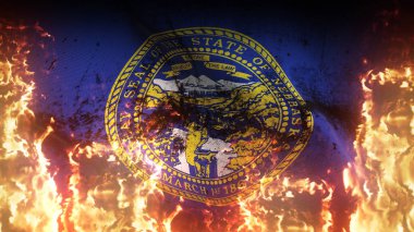 Nebraska Eyaleti savaş bayrağını sallıyor. Amerika Birleşik Devletleri Nebraska 'nın kirli savaş bayrağı rüzgarda dalgalanan cehennem alevleri üzerine.