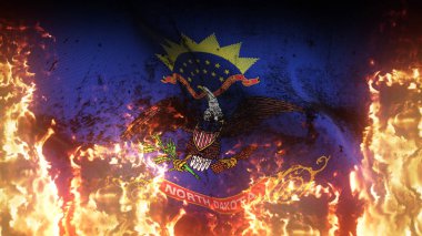 Kuzey Dakota Eyaleti 'nin grunge savaş bayrağı yanıyor. Amerika Birleşik Devletleri Kuzey Dakota kirli çatışma bayrağı rüzgarda dalgalanan cehennem alevleri.