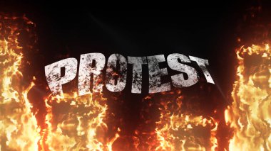 Siyah grunge savaş bayrağını alevler içinde sallarken protesto et. Cehennem alevlerinde rüzgarda dalgalanan siyah çatışma bayrağını protesto et.
