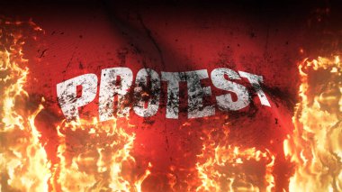 Kızıl grunge savaş bayrağını alevler içinde sallayarak protesto et. Kırmızı savaş bayrağını rüzgarda dalgalanan alevlerle protesto et.