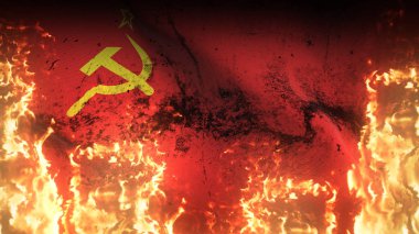 Sovyetler Birliği Ussr savaş bayrağı alevler içinde. Sovyetler Birliği 'nin kirli savaş bayrağı rüzgarda savrulan cehennem alevleri üzerine.