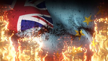 Tuvalu grunge savaş bayrağı alevler içinde. Tuvaluan kirli çatışma bayrağı rüzgarda dalgalanan cehennem alevleri.