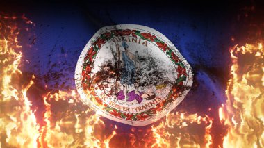 Virginia Eyaleti 'nin grunge savaş bayrağı alevler içinde. Amerika Birleşik Devletleri Virginia 'nın kirli savaş bayrağı rüzgarda dalgalanan cehennem ateşinde.