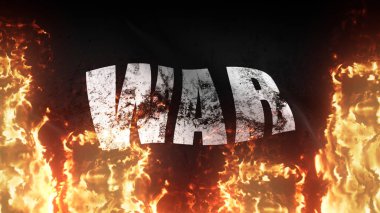 Grunge savaş bayrağı alevler içinde. Rüzgarda dalgalanan cehennem ateşinde kirli savaş bayrağı.