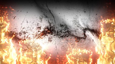 Beyaz bayrak, savaş bayrağını sallıyor. Beyaz bayrak rüzgarda dalgalanan cehennem ateşinde kirli çatışma bayrağı.