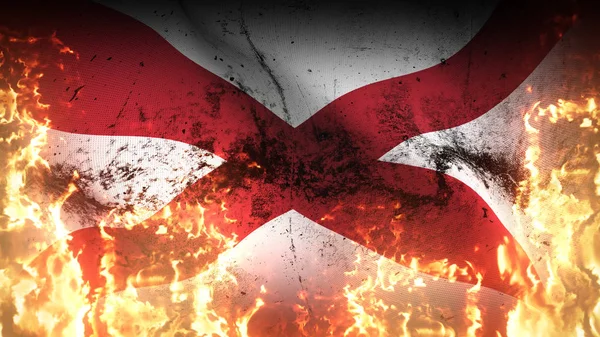 アラバマ アメリカ州のグランジ戦争旗が炎を振っている アメリカ合衆国アラバマ州風に吹かれて地獄の炎に汚れた紛争旗 — ストック写真