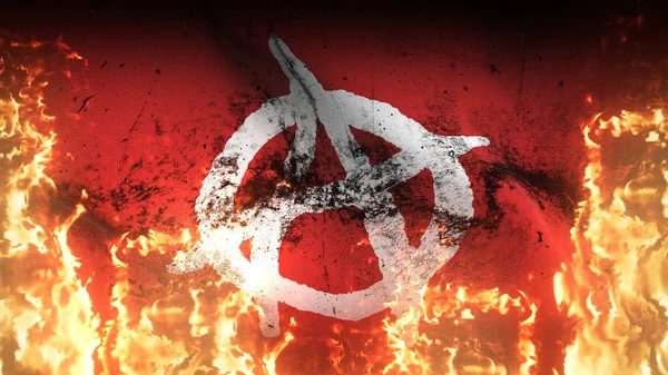 Σύμβολο Αναρχίας Λευκή Κόκκινη Σημαία Grunge Πόλεμο Κυματίζει Στην Πυρκαγιά — Φωτογραφία Αρχείου