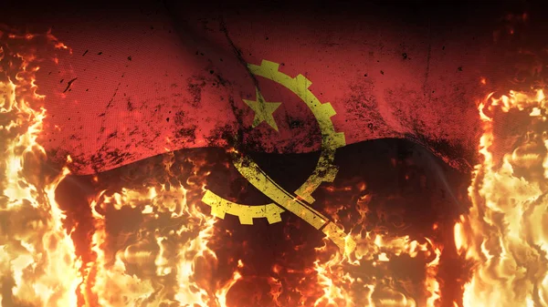 Angola Grunge Háborús Zászló Lobogott Tűzben Angolai Piszkos Konfliktus Zászló — Stock Fotó