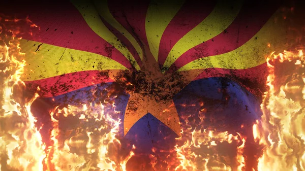 Arizona Eyaleti 'nin grunge savaş bayrağı alevler içinde. Amerika Birleşik Devletleri Arizona kirli savaş bayrağı rüzgarda dalgalanan cehennem alevleri.