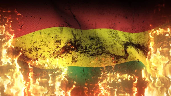 Bolivien Grunge Kriegsfahne Weht Auf Feuer Bolivianische Schmutzige Konfliktfahne Auf — Stockfoto