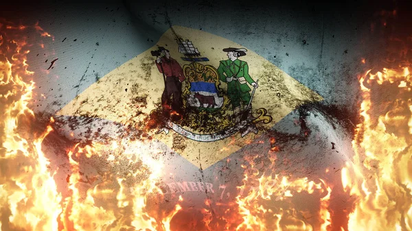 Delaware US State grunge savaş bayrağı alevler içinde. Amerika Birleşik Devletleri Delaware 'in kirli savaş bayrağı rüzgarda dalgalanan cehennem ateşinde.