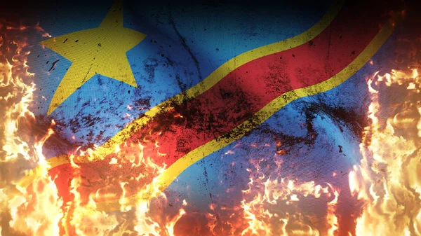 Kongói Demokratikus Köztársaság Grunge Háborús Zászló Lobogott Tűz Kongói Demokratikus — Stock Fotó