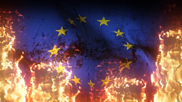 Europeiska Unionen Ger Eld Krigsflaggan Europeiska Unionens Smutsiga Konfliktflagga Inferno — Stockfoto