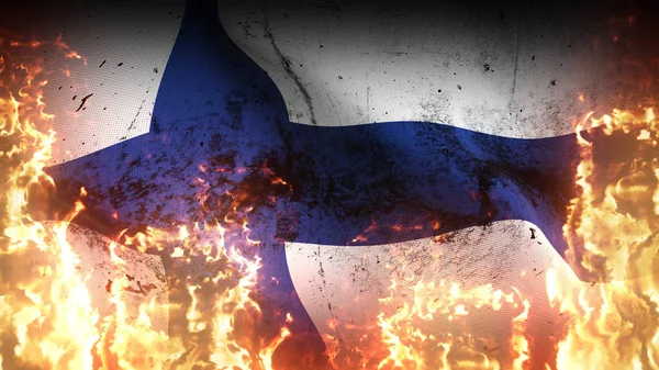Finlandiya 'da savaş bayrağı sallanıyor. Fin kirli çatışma bayrağı rüzgarda dalgalanan cehennem alevleri üzerine.