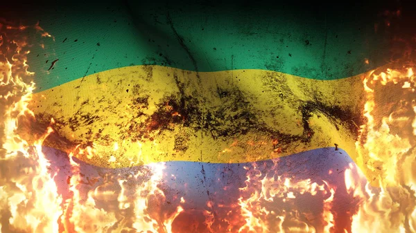Bandiera Guerra Del Gabon Sventola Fiamme Gabonese Sporca Bandiera Conflitto — Foto Stock
