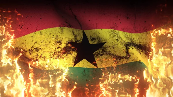 Ghana Grunge Kriegsfahne Weht Auf Feuer Ghanaische Schmutzige Konfliktfahne Auf — Stockfoto