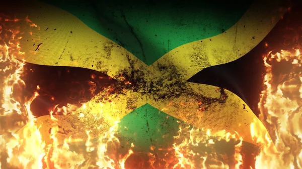 Jamaica Grunge Bandeira Guerra Acenando Chamas Jamaicano Sujo Conflito Bandeira — Fotografia de Stock