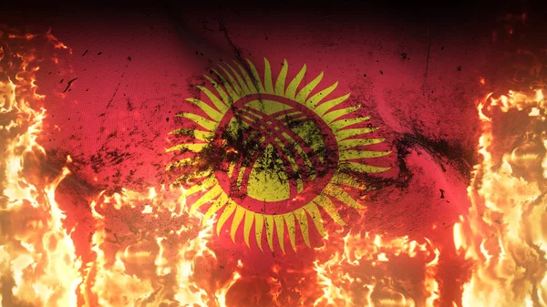Kirgizisztán Grunge Háborús Zászló Lobogott Tűz Kirgizisztáni Piszkos Konfliktus Zászló — Stock Fotó