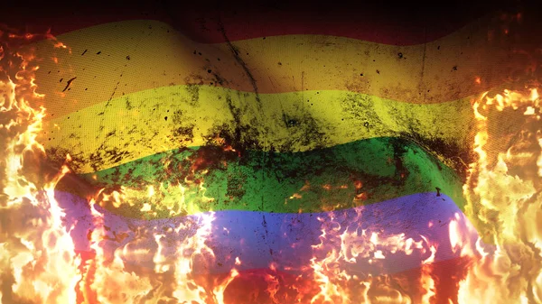 Lgbt Grunge战旗挥之不去 女同性恋 男同性恋 双性恋 变性人肮脏的冲突旗在烈焰中随风飘扬 — 图库照片
