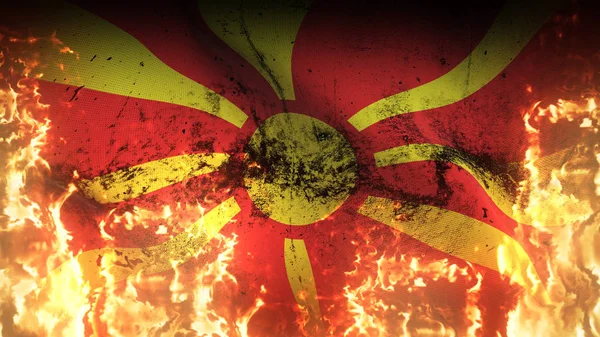 Macedónia Grunge Háborús Zászló Lobogott Tűz Makedón Piszkos Konfliktus Zászló — Stock Fotó