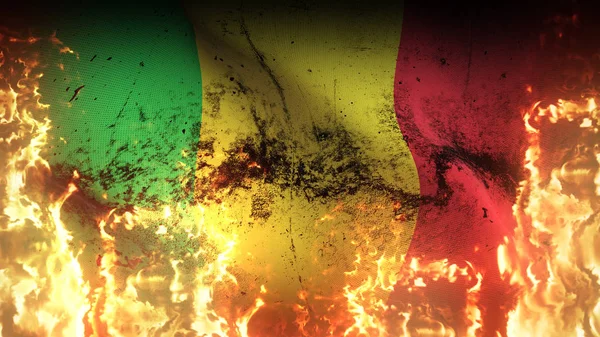 Mali Grunge Kriegsfahne Wehen Malische Schmutzige Konfliktfahne Auf Infernoflammen Die — Stockfoto