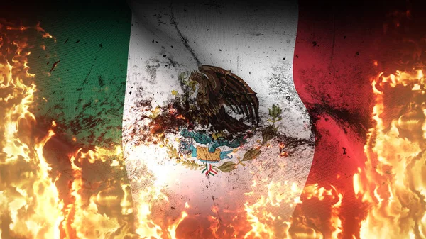 Mexico grunge war flag waving on fire. Mexican dirty conflict flag on inferno flames blowing on wind.