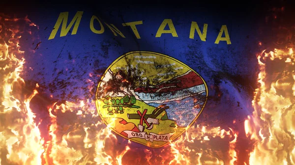Montana Eyaleti 'nin grunge savaş bayrağı alevler içinde. Amerika Birleşik Devletleri Montana kirli çatışma bayrağı rüzgarda dalgalanan cehennem alevleri.