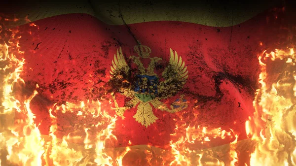 Montenegro Grunge War Flag Waving Fire Montenegrin Dirty Conflict Flag — Stock Photo, Image