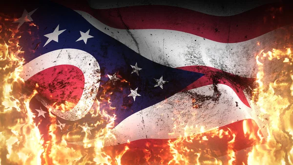 Ohio US State grunge war flag waving on fire. United States of America Ohio dirty conflict flag on inferno flames blowing on wind.