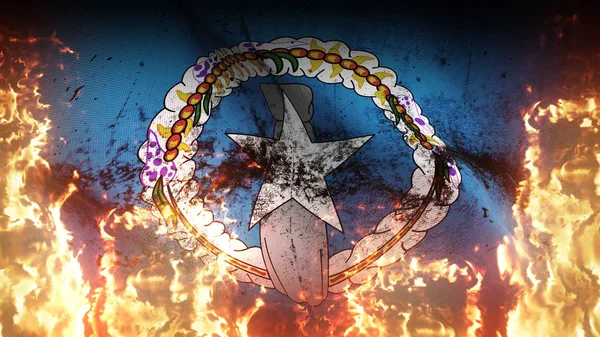 Northern Mariana Islands State Grunge War Flag Waving Fire United — Stock Photo, Image