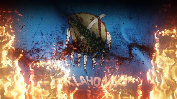Oklahoma US State grunge war flag waving on fire. United States of America Oklahoma dirty conflict flag on inferno flames blowing on wind.