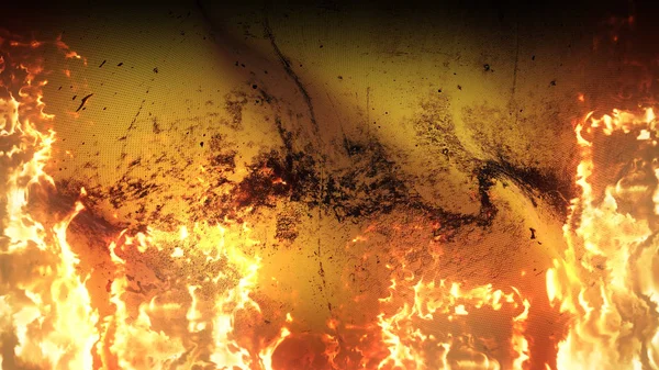 Turuncu grunge savaş bayrağı alevler içinde. Rüzgarda dalgalanan cehennem ateşinde turuncu kirli çatışma bayrağı.