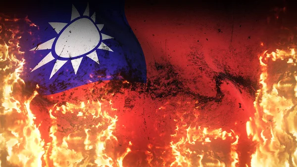 Republic of China grunge war flag waving on fire. Chinese dirty conflict flag on inferno flames blowing on wind.