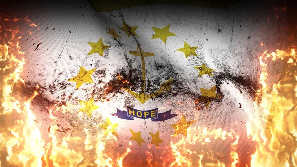 Rhode Island State Grunge Krig Flagga Viftar Med Eld Amerikas — Stockfoto