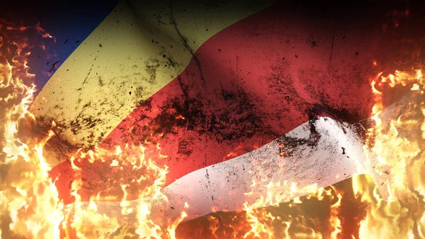 Seychellen Grunge Oorlog Vlag Zwaaien Brand Seychellois Vuile Conflict Vlag — Stockfoto