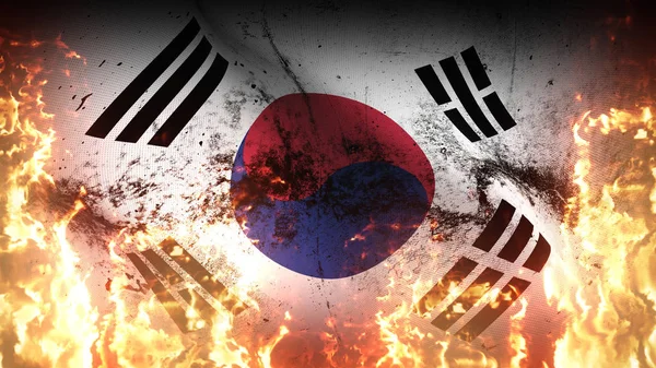 Corea Del Sur Grunge Bandera Guerra Ondeando Fuego Corea Del — Foto de Stock