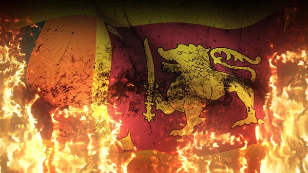Sri Lanka grunge savaş bayrağı alevler içinde. Sri Lanka 'nın kirli savaş bayrağı rüzgarda dalgalanan cehennem ateşinde.