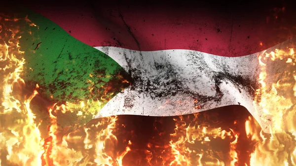 Sudan Grunge War Flag Waving Fire Sudanese Dirty Conflict Flag — Stock Photo, Image