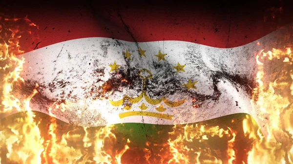 タジキスタン グランジ戦争の旗が炎を振っている 風に吹く地獄の炎の上のタジク人汚い紛争旗 — ストック写真