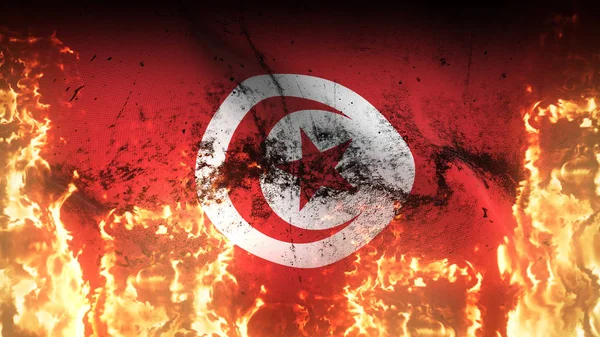 Тунис Размахивает Военным Флагом Огне Тунисский Флаг Грязного Конфликта Адском — стоковое фото