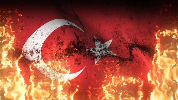 トルコのグランジ戦争の旗が火災に手を振る 風に吹かれて地獄の炎にトルコの汚れた紛争旗 — ストック写真