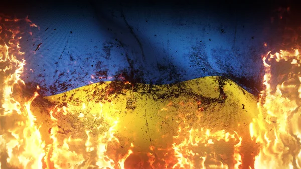 Die Ukrainische Grunge Kriegsflagge Weht Flammen Ukrainische Schmutzige Konfliktfahne Auf — Stockfoto