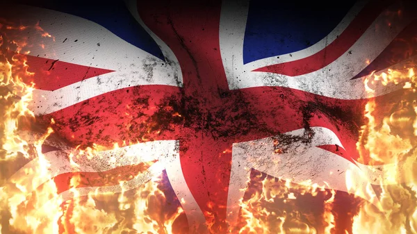 Vereinigtes Königreich Grunge Kriegsfahne Wehen Auf Feuer Britische Schmutzige Konfliktfahne — Stockfoto