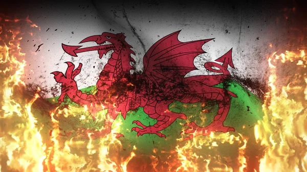 Gales Grunge Bandera Guerra Ondeando Fuego Bandera Conflicto Sucia Galesa —  Fotos de Stock